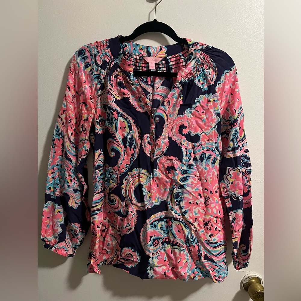 Lilly Pulitzer patterned blouse with gold buttons